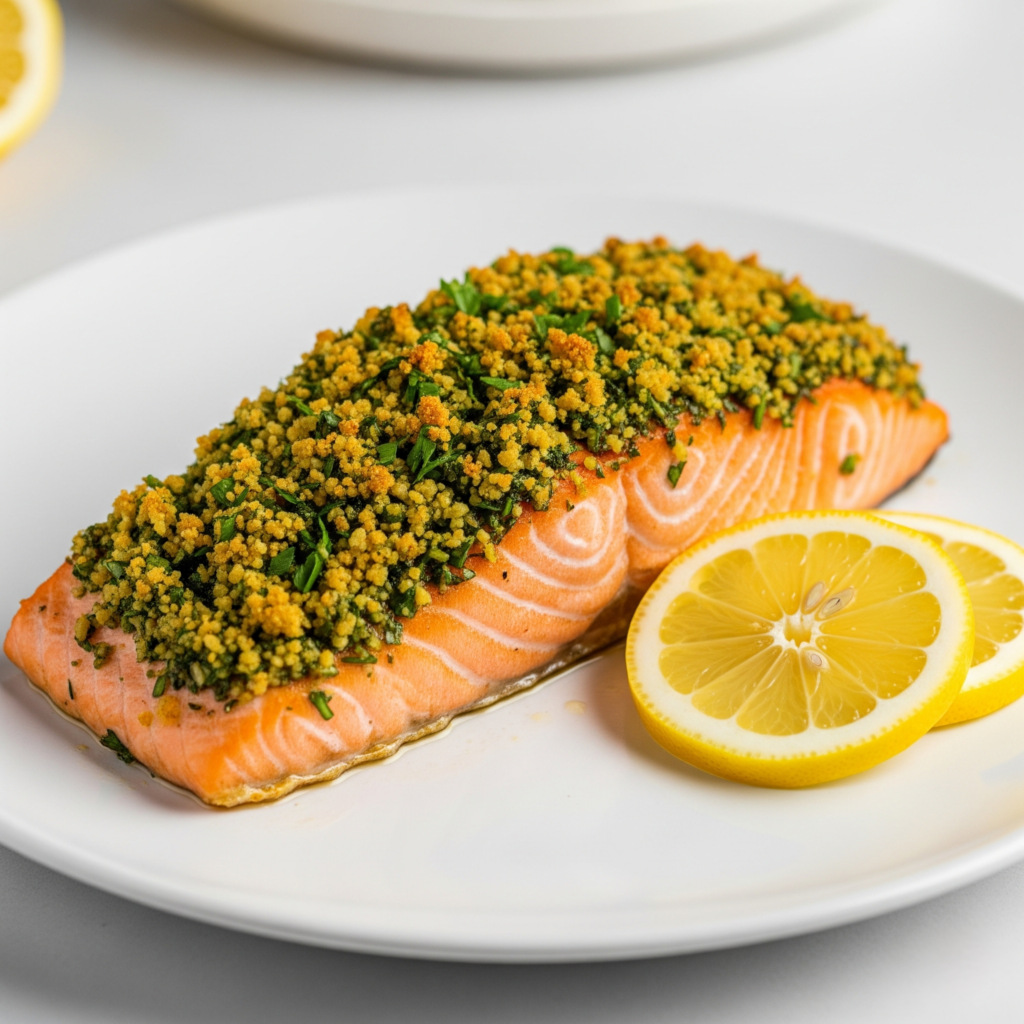 Posta de Salmão com uma Crosta Dourada de Ervas, Servida com Limão