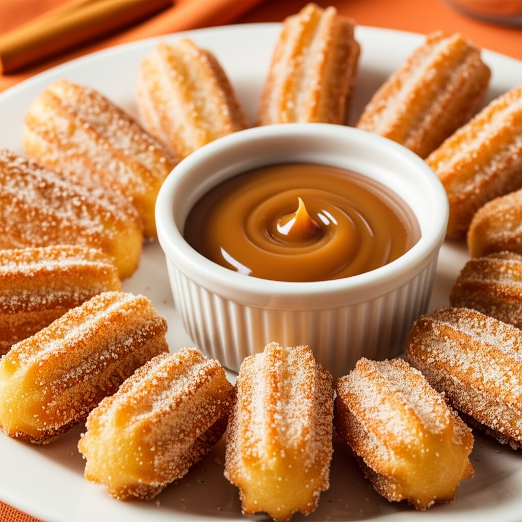Mini Churros Dourados Polvilhados com Açúcar e Canela, com um Potinho de Doce de Leite