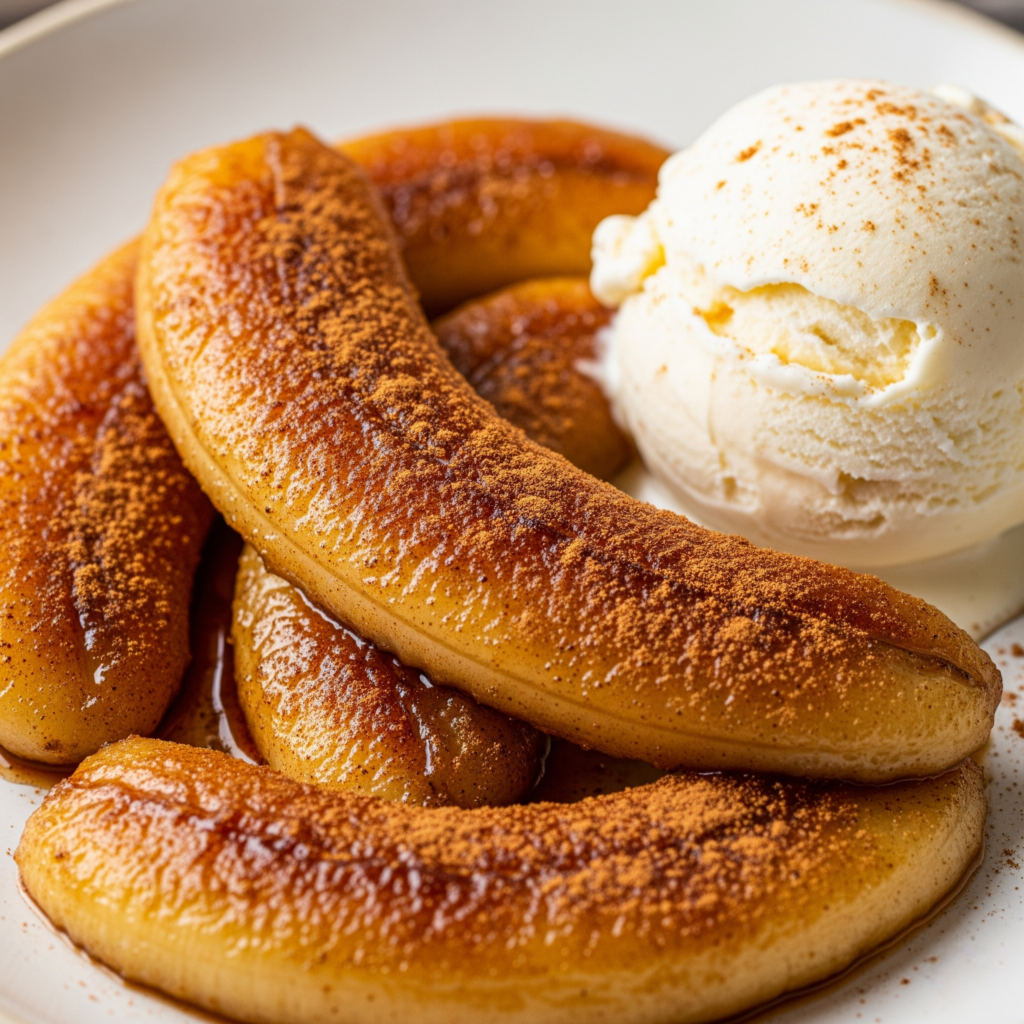 Bananas Assadas e Caramelizadas com Canela na Air Fryer, talvez com uma bola de sorvete ao lado