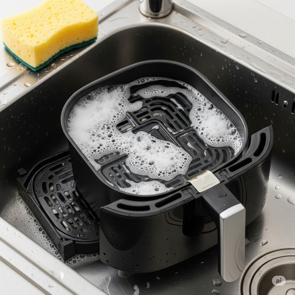 Foto do cesto e da cuba da air fryer imersos em uma pia com água morna e espuma de detergente. Uma esponja macia está por perto