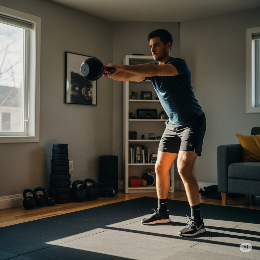 Um kettlebell de ferro fundido no chão, pronto para o treino