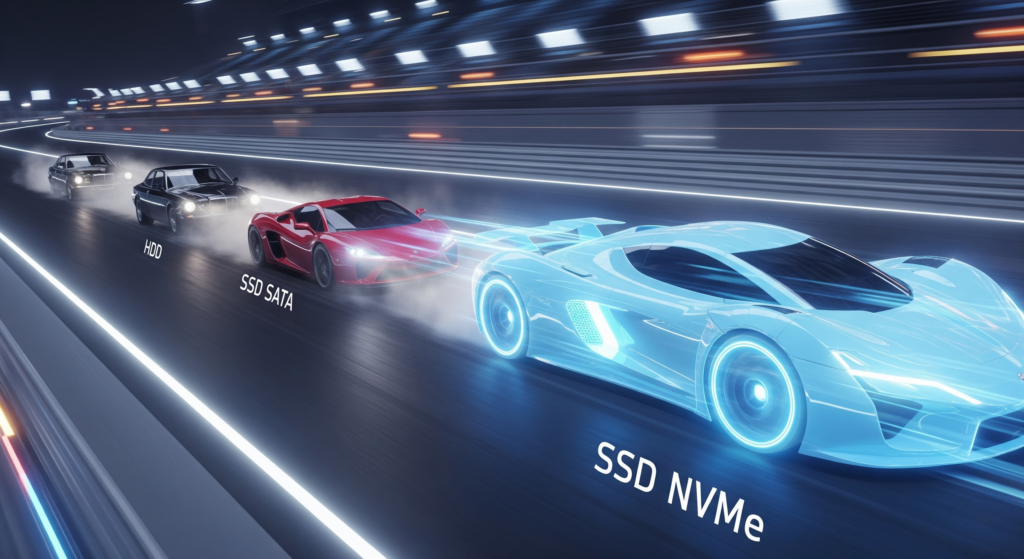 Comparativo de velocidade SSD vs HDD.