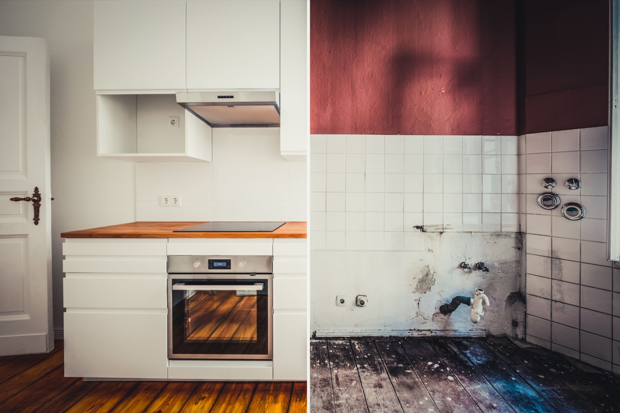 built-in kitchen before and after restoration - renovation concept -