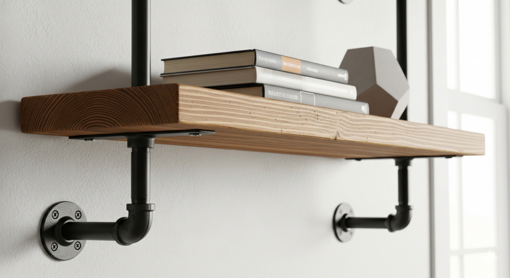 Uma prateleira com uma prancha de madeira maciça, suspensa por tubos e flanges de metal preto fixados na parede.