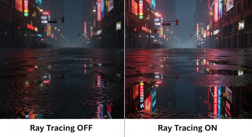 Uma comparação lado a lado de uma poça d'água em um jogo. "RTX OFF" mostra um reflexo genérico e borrado. "RTX ON" mostra um reflexo perfeito e nítido dos prédios e luzes ao redor.]