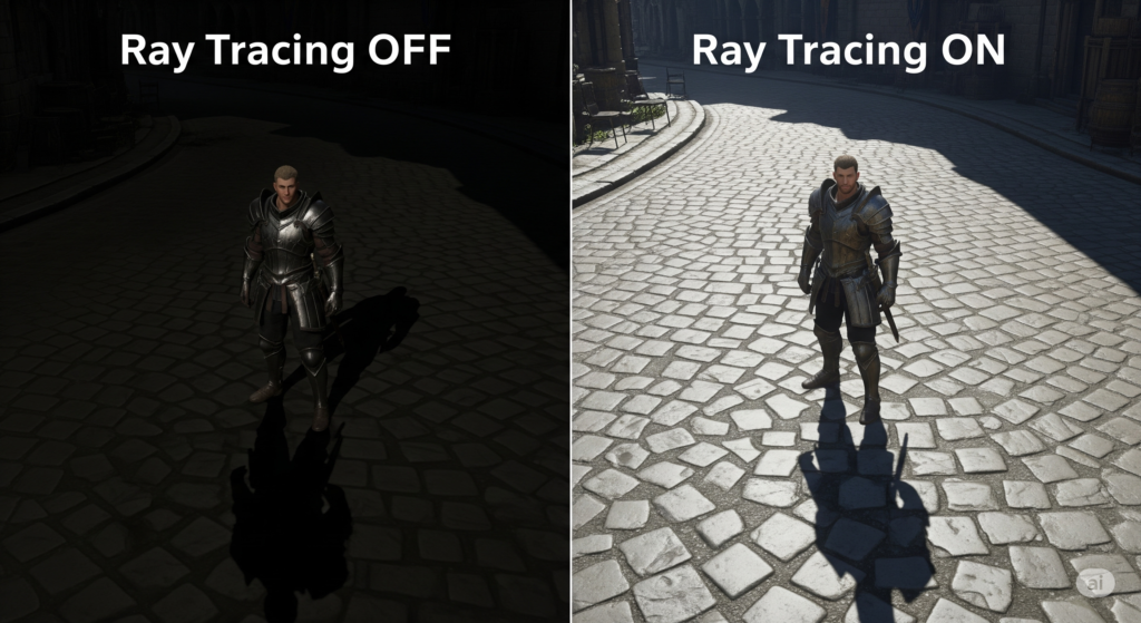 Uma comparação de sombras de um personagem. "RTX OFF" mostra uma sombra escura e com bordas serrilhadas. "RTX ON" mostra uma sombra mais suave e difusa, que fica mais clara com a distância.]