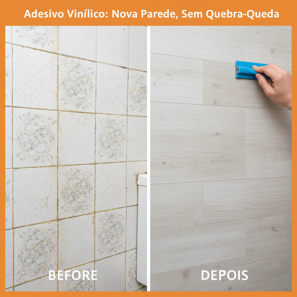 Mostra uma parede ou parte de um banheiro com azulejos antigos e, na outra metade, a mesma área envelopada com um adesivo moderno, como cimento queimado ou madeira clara