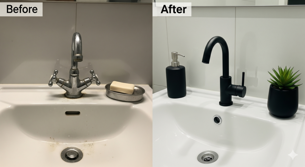 Foco em uma pia de banheiro com uma nova torneira moderna em preto fosco ou dourado, destacando como um simples detalhe pode elevar o design do ambiente.