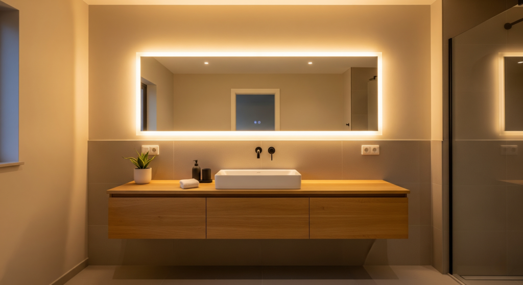 Uma foto mostrando um banheiro transformado pela iluminação, com destaque para um espelho moderno com LED embutido, que cria um ambiente mais sofisticado e acolhedor