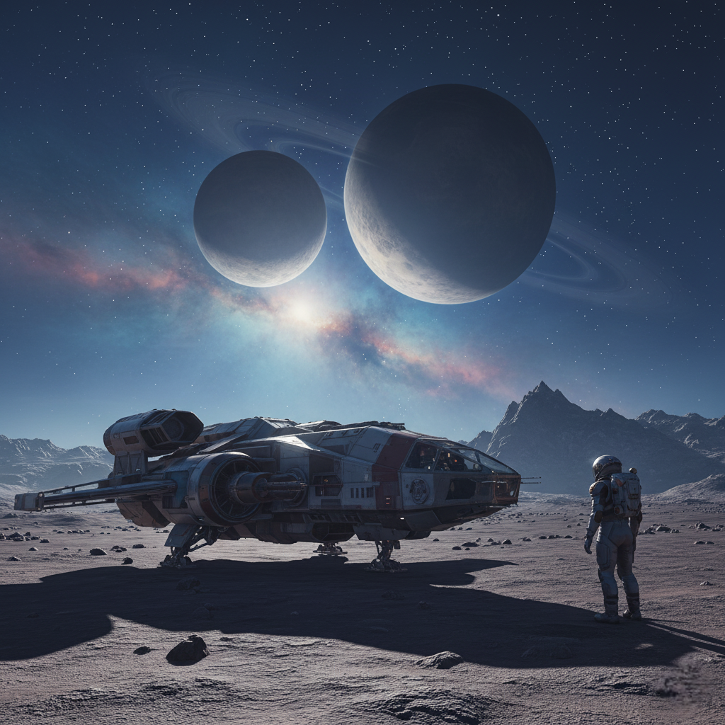 Uma nave espacial do jogador pousada em um planeta alienígena com duas luas no céu