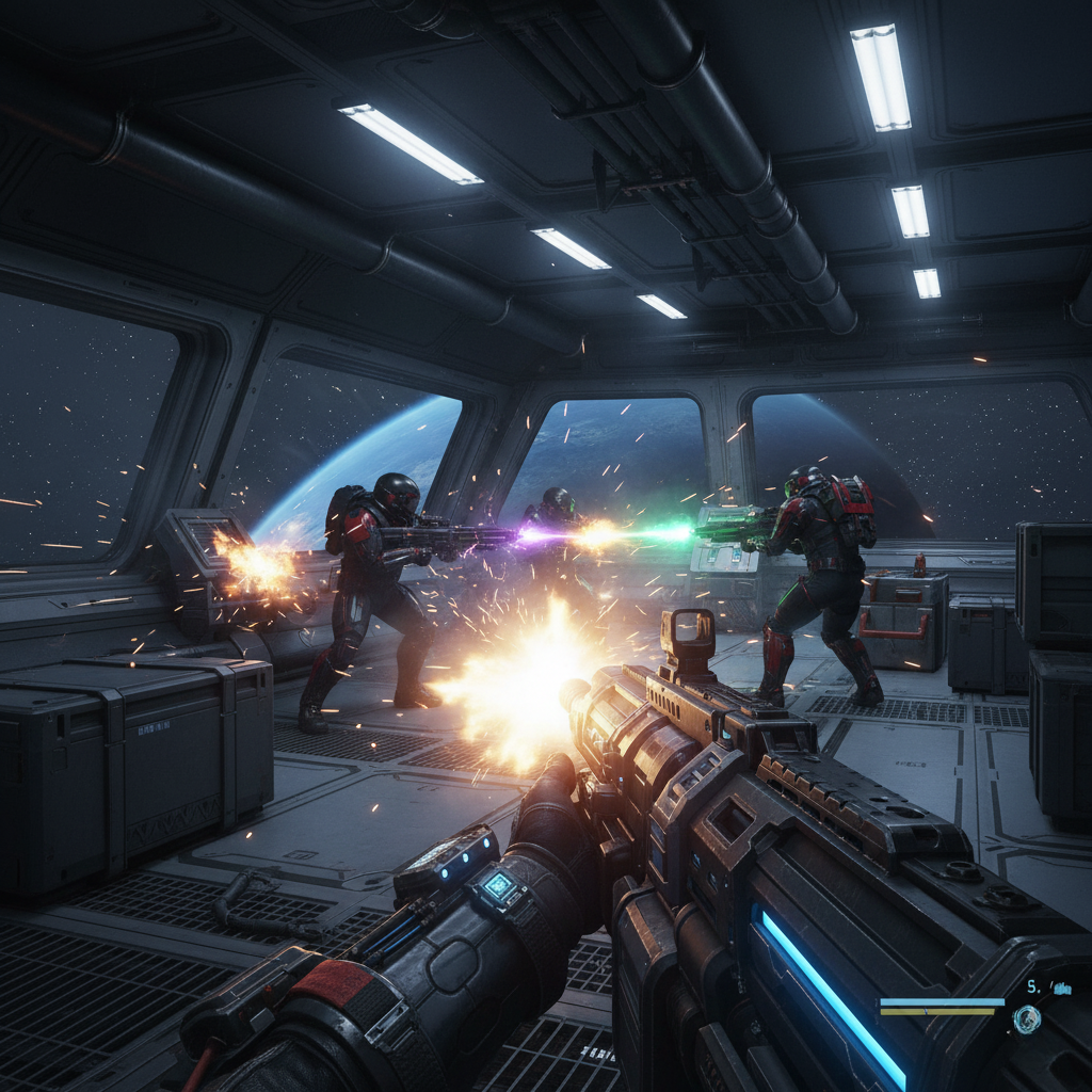 : Close-up de uma cena de tiroteio em primeira pessoa dentro de uma base espacial.]