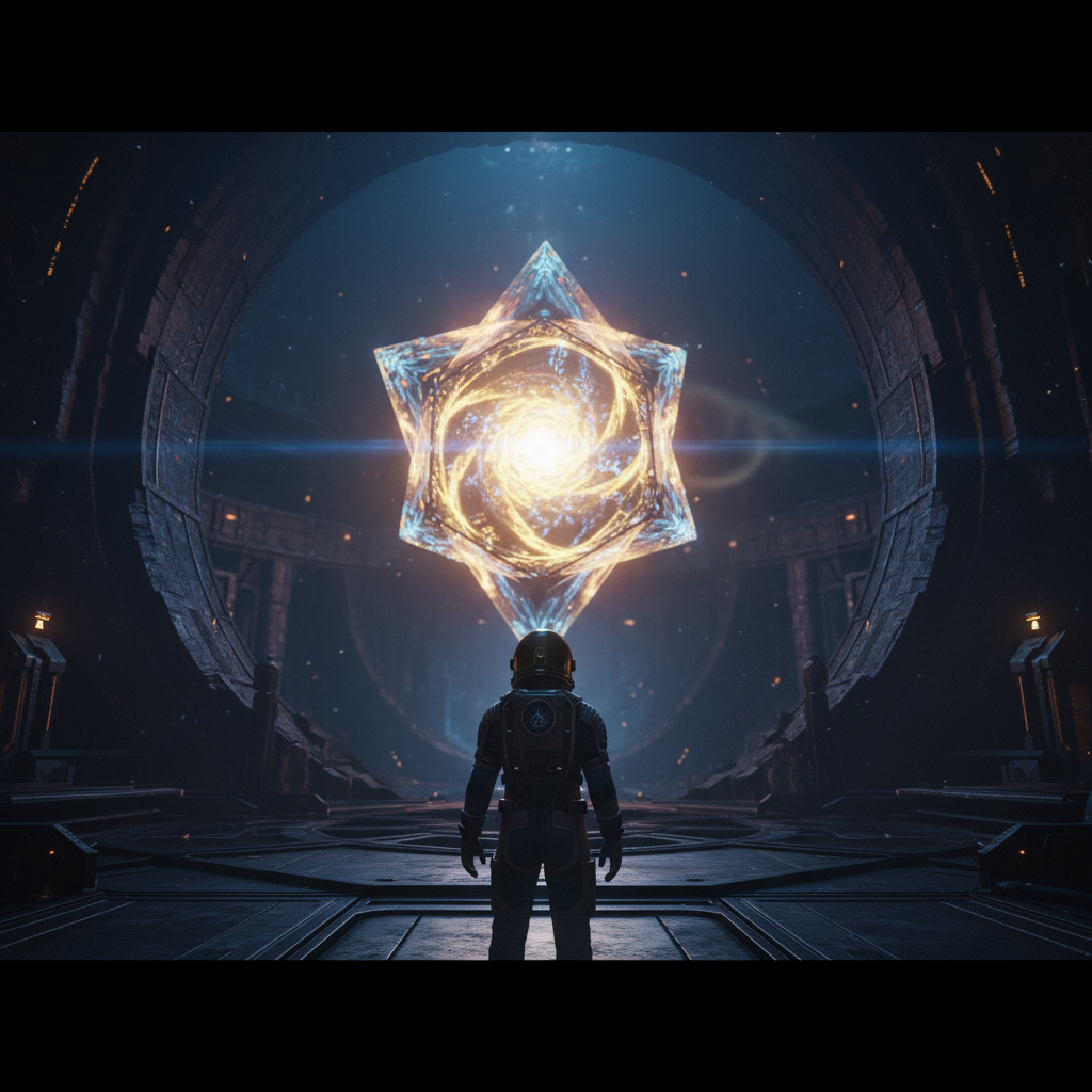 Um personagem olhando para um artefato misterioso da Constelação.]