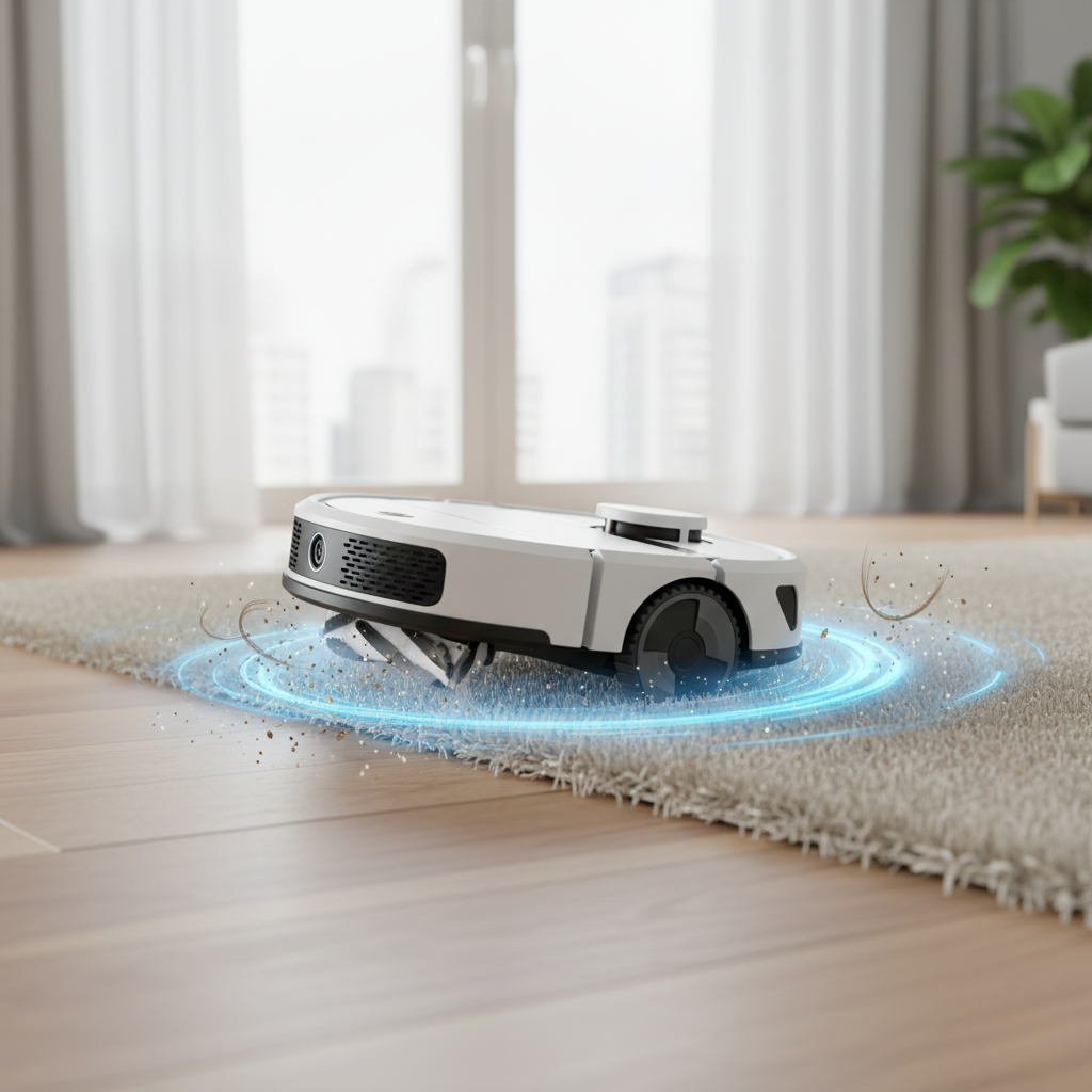 Um Roborock Q7 MAX subindo em um tapete alto, com a imagem conceitual de sucção forte sobre a área.