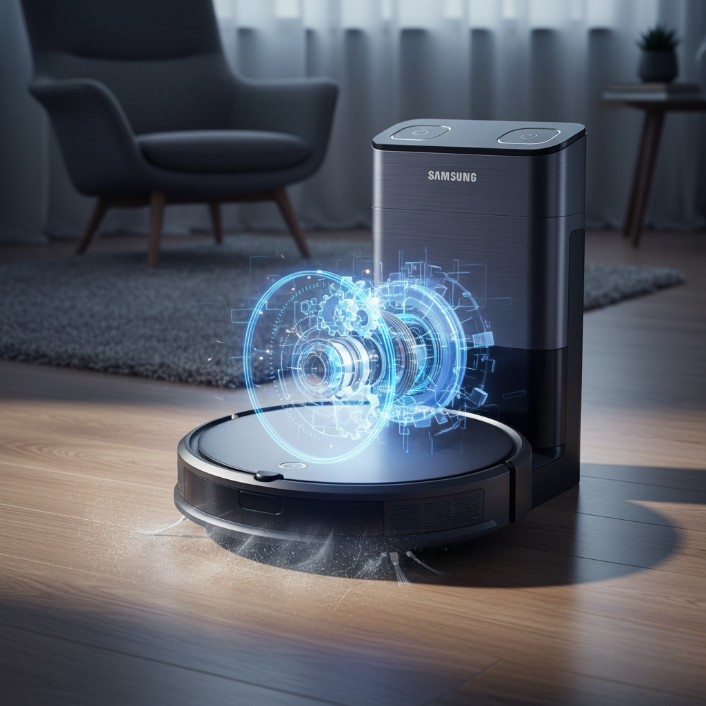 Um Samsung POWERbot-E, com a imagem conceitual de um motor robusto por trás.