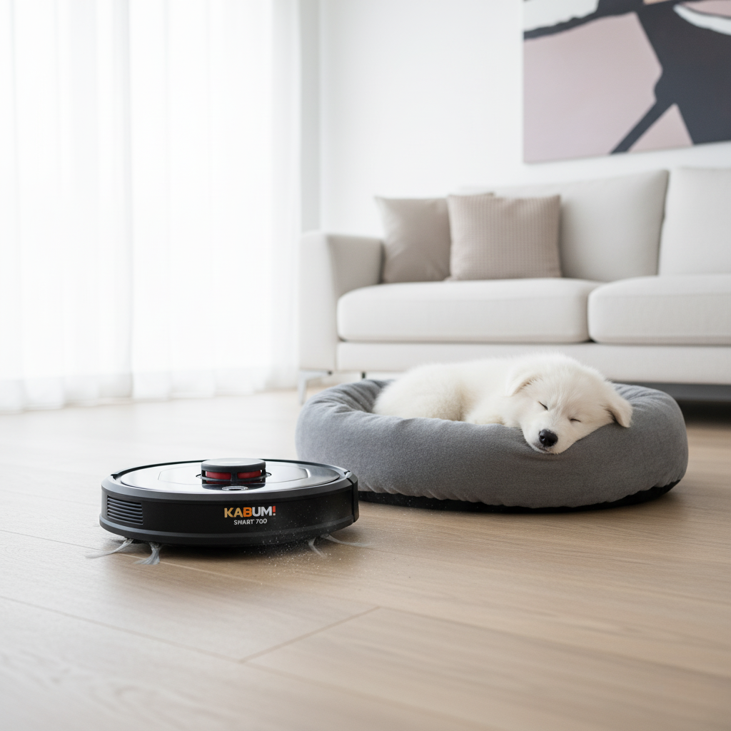 Um KaBuM! Smart 700 em uma sala moderna, aspirando perto de uma cama de pet limpa.