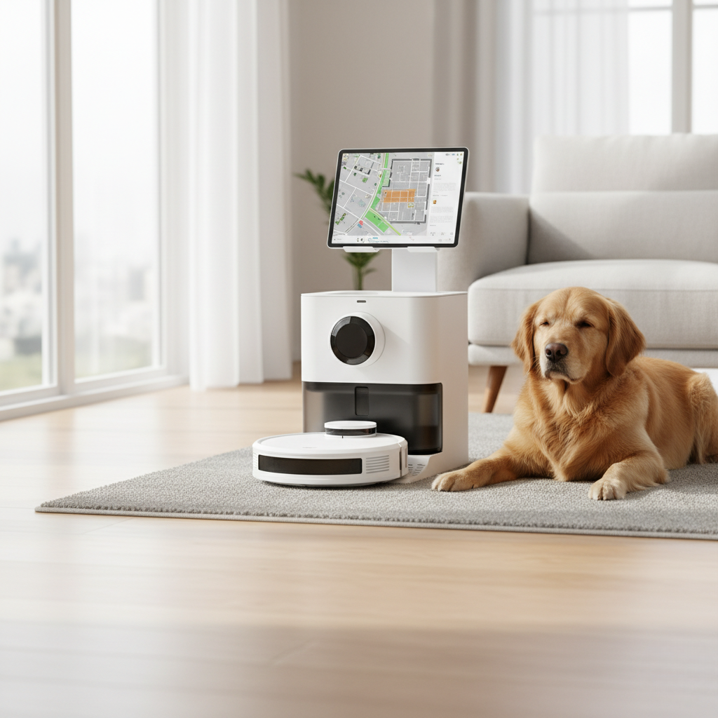 Um Xiaomi X10+ na base de auto-limpeza, com um cão tranquilamente ao lado em um ambiente limpo e moderno.