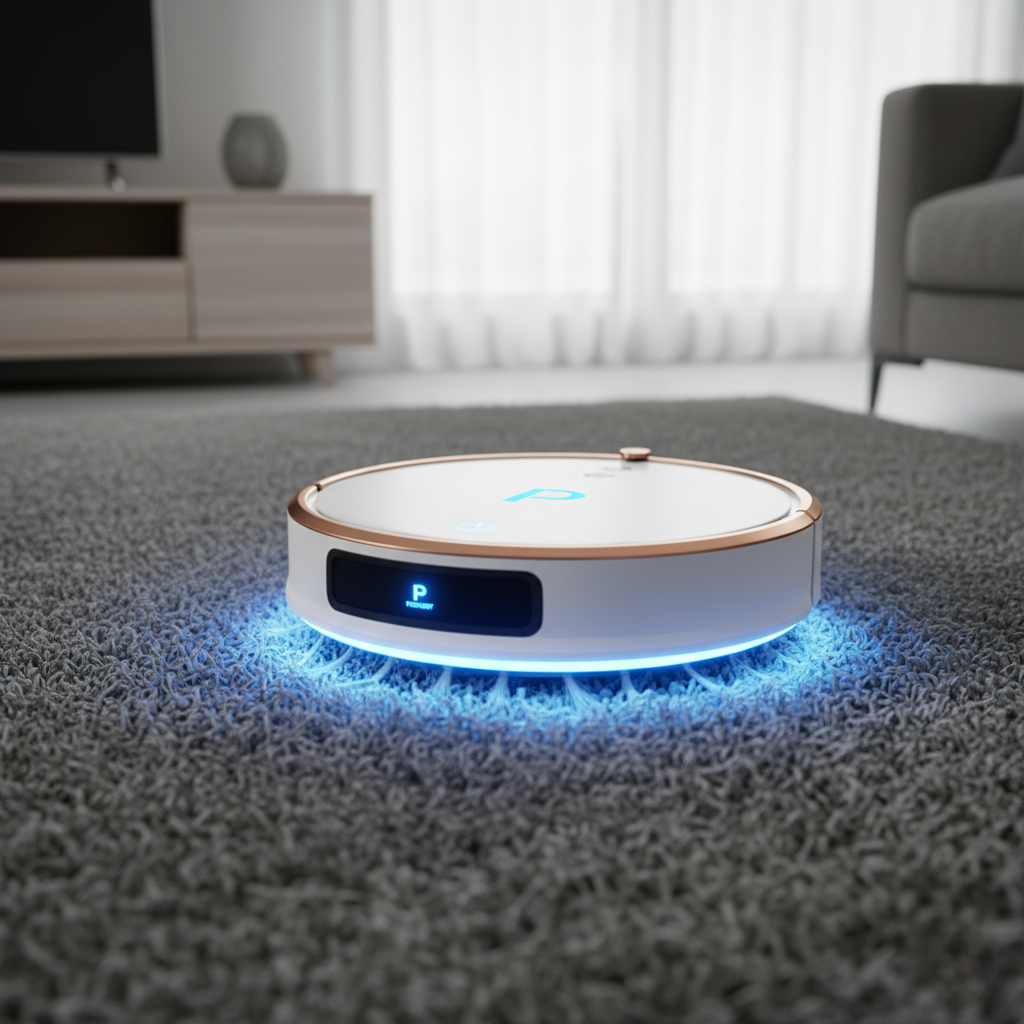 Um Electrolux Home-E em um tapete com uma luz indicando o modo "Power Boost" ativado.